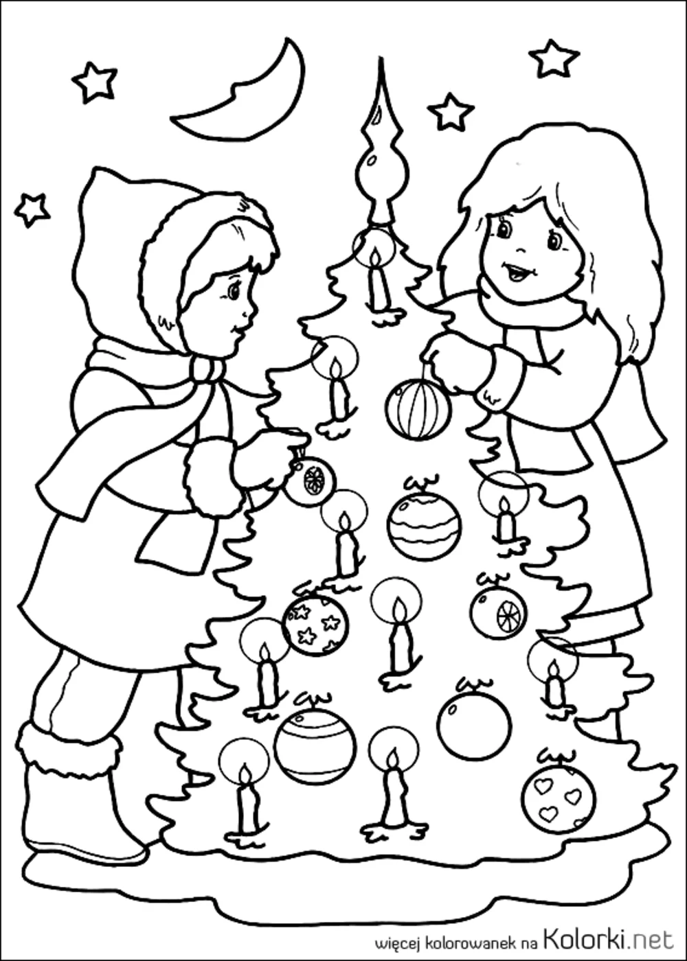 zima, śnieg, święta, Boże Narodzenie, dzieci, choinka, Wigilia, ubieranie choinki, bombki, gwiazdki, lampki