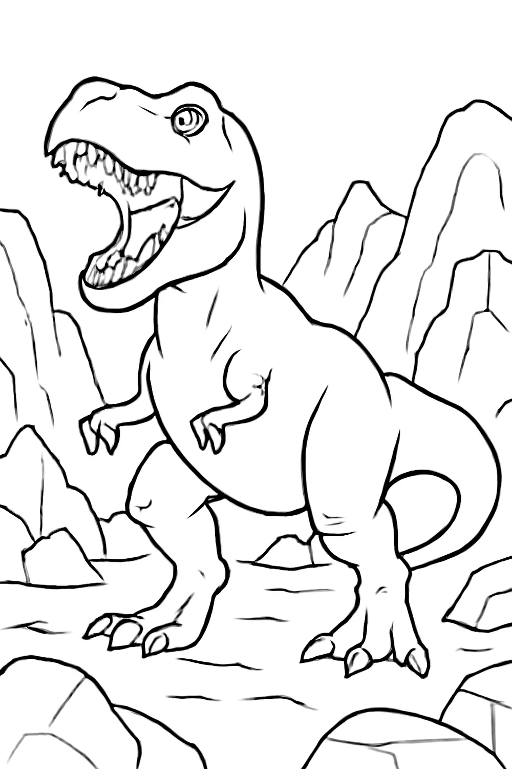 Kolorowanka tyranozaur rex ryczacy wsrod skal, jeden duzy dinozaur na sr do druku