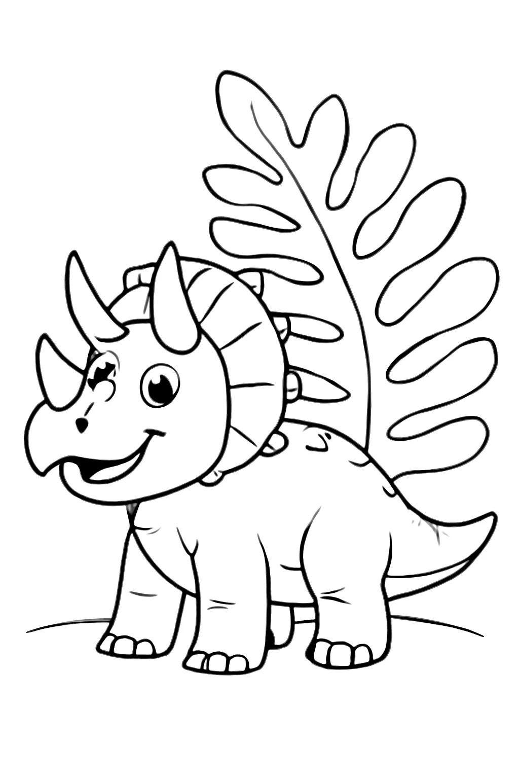 Kolorowanka Triceratops przy dużym liściu paproci – Jeden uśmiechnięty di do druku A4