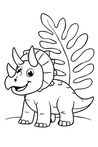 Kolorowanka triceratops przy dużym liściu paproci, jeden uśmiechnięty di