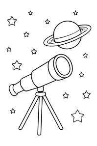 Kolorowanka teleskop na statywie skierowany na planetę Saturn, kilka mał